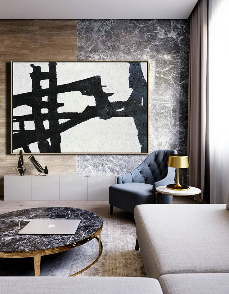 Modern Art Abstract Painting,Hand Painted Oversized Horizontal Minimal Art On Canvas, Black And White Minimalist Painting - Huge Abstract Canvas Art